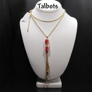 Talbots Gold Tassel Long Necklace, Red Enamel Beads, New With Tags